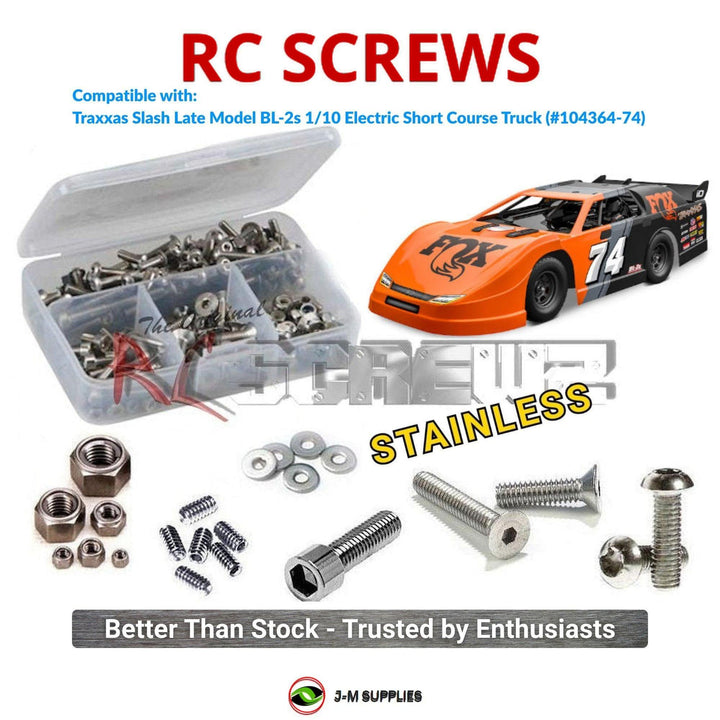 Representative image of an RCScrewZ stainless steel screw kit for Traxxas Slash Late Model BL-2S 1/10 Oval (104364-74); exact kit contents vary by RC model.