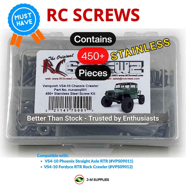 Representative image of an RCScrewZ stainless steel screw kit for Vanquish VS4-10 Chassis 1/10 Crawler (VPS09011, VPS09012); exact kit contents vary by RC model.