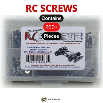 Representative image of an RCScrewZ stainless steel screw kit for Team XRAY RX8 2023 1/8 Nitro (#340009); exact kit contents vary by RC model.