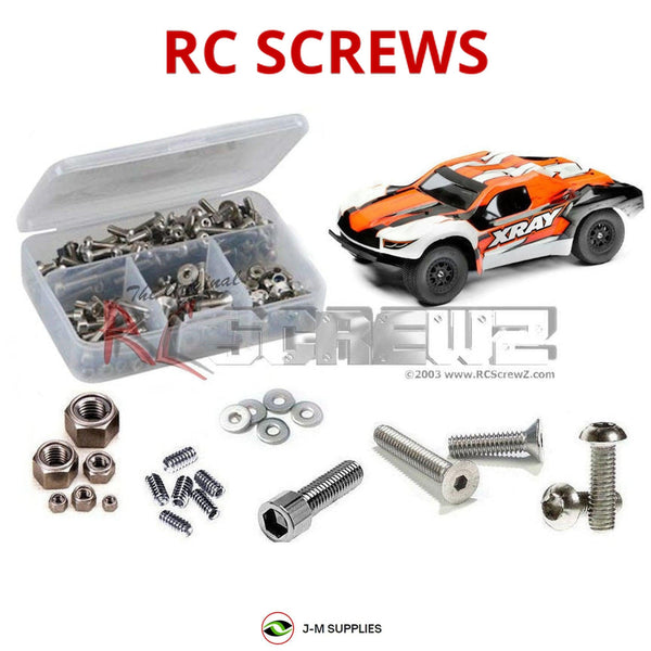 Representative image of an RCScrewZ stainless steel screw kit for Team XRAY SCX 2023 2WD #320301; exact kit contents vary by RC model.