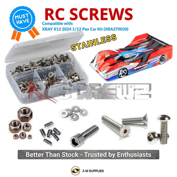 Representative image of an RCScrewZ stainless steel screw kit for Team XRAY X12 2024 1/12th (#370020) RC Car; exact kit contents vary by RC model.