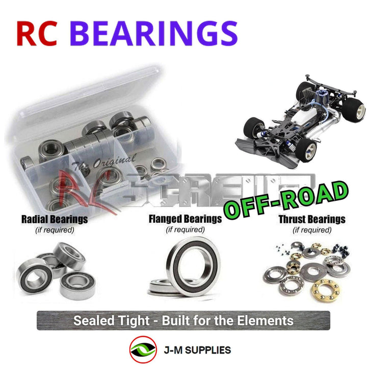 Representative image of an RCScrewZ rubber-sealed bearing kit for Kyosho Evolva M3 1/8 Nitro 4WD Racing Car (31286); exact bearing sizes and quantities vary by RC model.
