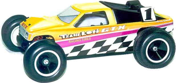 Yellow Team Losi GTX truck with pink stripe and black-and-white checkered body, representative of the GTX / GTX Pro family