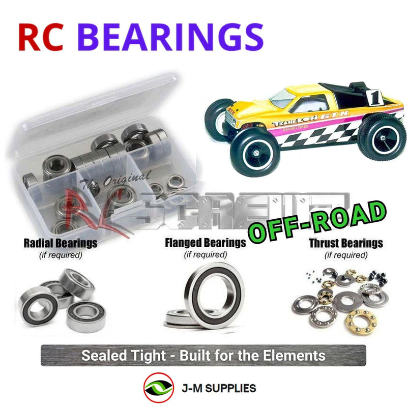 Representative image of an RCScrewZ rubber-sealed bearing kit for Losi GTX 1/10 Nitro 2WD Truck (A-0951, A-0952, A-0953, A-0954); exact bearing sizes and quantities vary by RC model.