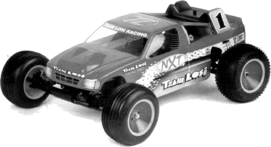 Team Losi NXT 1/10 nitro 2WD stadium truck from the original NXT manual, black-and-white photograph