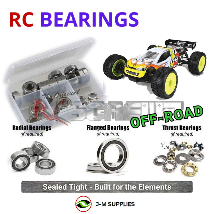 Representative image of an RCScrewZ rubber-sealed bearing kit for Team Losi 8IGHT-T Race Roller 1/8 Nitro 4WD Truck (LOSA0802); exact bearing sizes and quantities vary by RC model.