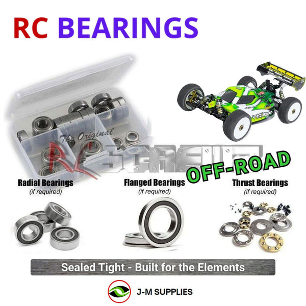 Representative image of an RCScrewZ rubber-sealed bearing kit for Mayako MX8E-25 1/8 Electric Off-Road Buggy (MYE0377-25); exact bearing sizes and quantities vary by RC model.