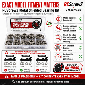 RCScrewZ metal shielded RC bearing kit main image for on-road performance with sample bearing case and bearing types