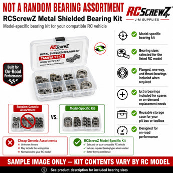 Representative image of an RCScrewZ metal-shielded bearing kit for Team Associated RC8T4.2e Team Kit 1/8 Electric 4WD Off-Road Truck (#80958); exact bearing sizes and quantities vary by RC model.