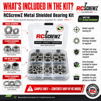 What is included in a RCScrewZ metal shielded RC bearing kit with model-specific bearings extras and storage case