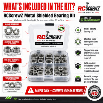 RCScrewZ metal shielded RC bearing kit main image for on-road performance with sample bearing case and bearing types