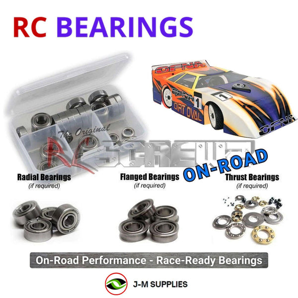 Representative image of an RCScrewZ metal-shielded bearing kit for Ofna Late Model Dirt Oval 1/8th; exact bearing sizes and quantities vary by RC model.