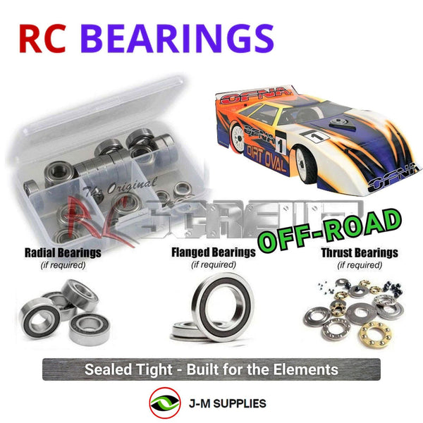 Representative image of an RCScrewZ rubber-sealed bearing kit for Ofna Late Model Dirt Oval 1/8th; exact bearing sizes and quantities vary by RC model.