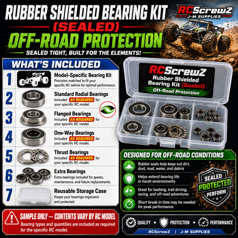 What is included in a RCScrewZ rubber shielded RC bearing kit with model-specific bearings extras and storage case