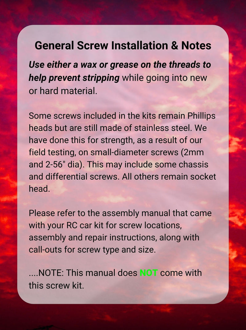 J-M SUPPLIES stainless steel RC screw kit general installation notes for using grease or wax, checking manuals, and understanding kit hardware.