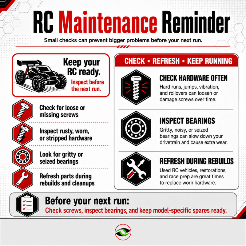 J-M SUPPLIES RC maintenance reminder image showing screw, bearing, and rebuild checks before the next RC run.