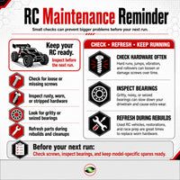 J-M SUPPLIES RC maintenance reminder image showing screw, bearing, and rebuild checks before the next RC run.