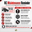 J-M SUPPLIES RC maintenance reminder image showing screw, bearing, and rebuild checks before the next RC run.