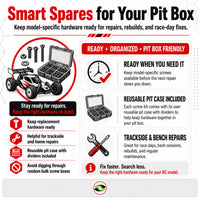 J-M SUPPLIES RC screw kit pit box image showing model-specific stainless screw kits as smart spares for repairs, rebuilds, and race-day maintenance.