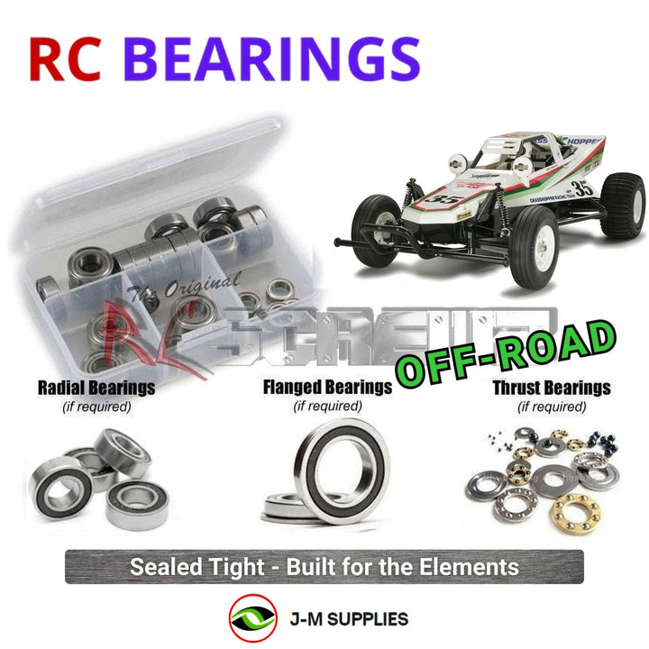 Representative image of an RCScrewZ rubber-sealed bearing kit for Tamiya Grasshopper 1/10 Electric 2WD Buggy (58346); exact bearing sizes and quantities vary by RC model.
