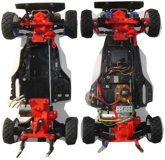 Tamiya TA02 chassis on the left and TA01 chassis on the right — compatible RC chassis, vehicles not included