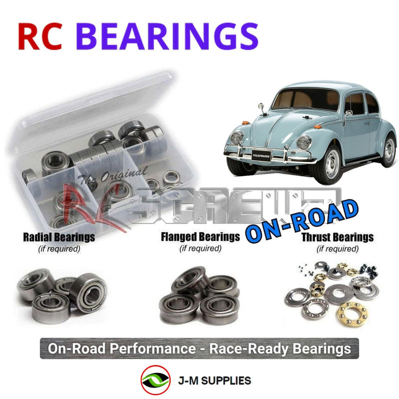 Representative image of an RCScrewZ metal-shielded bearing kit for Tamiya Volkswagen Beetle M-06 1/10 Electric 2WD Car (58572); exact bearing sizes and quantities vary by RC model.