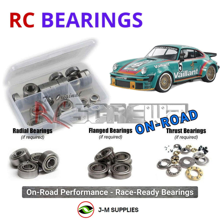 Representative image of an RCScrewZ metal-shielded bearing kit for Tamiya Porsche 934 (1976) 50th Anniversary 1/10 RWD Car (47524); exact bearing sizes and quantities vary by RC model.