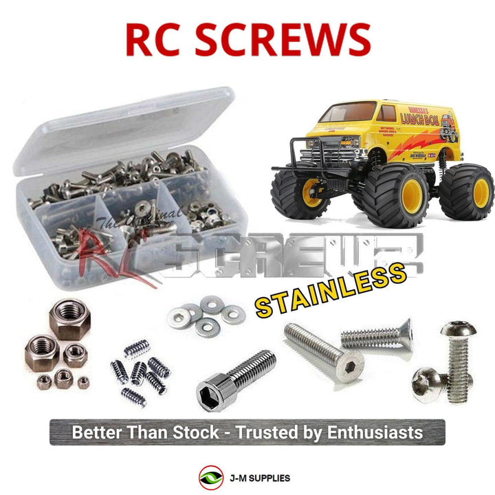 Representative image of an RCScrewZ stainless steel screw kit for Tamiya Lunch Box EVO 1/12 Electric 2WD Monster Van (58755); exact kit contents vary by RC model.