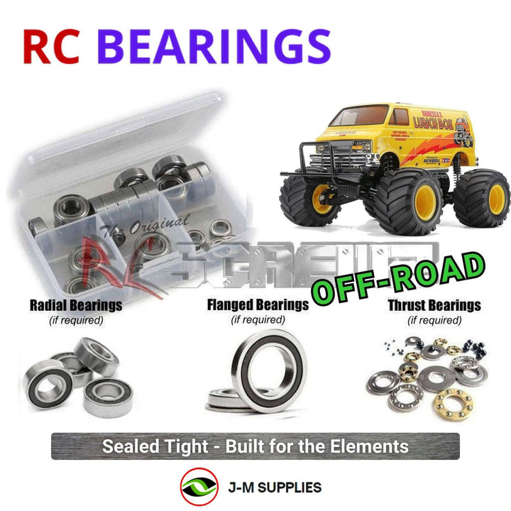 Representative image of an RCScrewZ rubber-sealed bearing kit for Tamiya Lunch Box EVO 1/12 Electric 2WD Monster Van (58755); exact bearing sizes and quantities vary by RC model.
