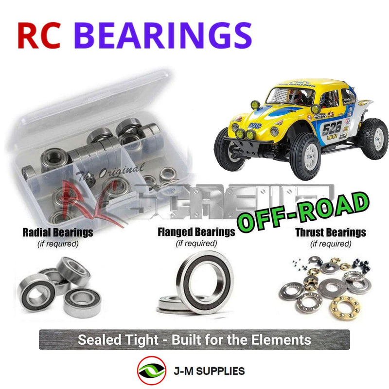 Representative image of an RCScrewZ rubber-sealed bearing kit for Tamiya Dune Beetle Cross BB-02 1/9 Electric 2WD (58757); exact bearing sizes and quantities vary by RC model.
