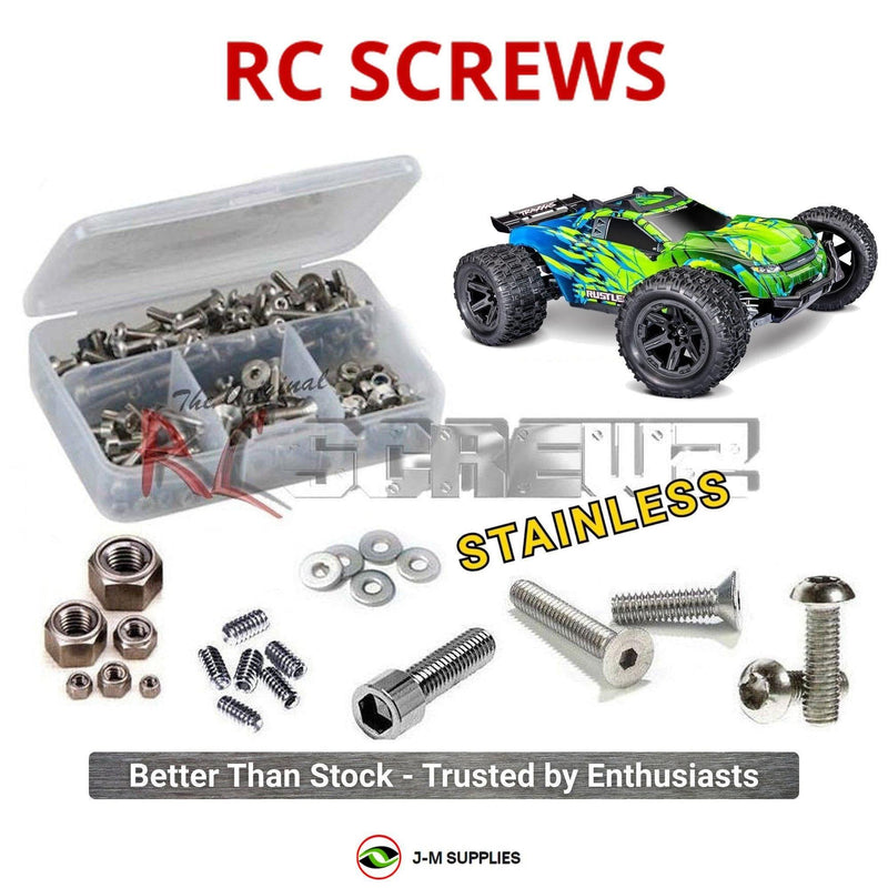 Representative image of an RCScrewZ stainless steel screw kit for Traxxas Rustler 4X4 Brushless 1/10 4WD Stadium (67464-4); exact kit contents vary by RC model.