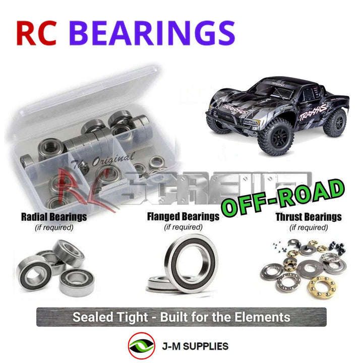 Representative image of an RCScrewZ rubber-sealed bearing kit for Traxxas Slash 2WD Brushless 1/10 Electric SCT (58434-4); exact bearing sizes and quantities vary by RC model.