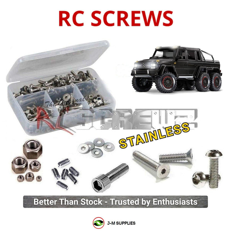 Representative image of an RCScrewZ stainless steel screw kit for Traxxas TRX-6 G 63 AMG 6x6 1/10 Electric 6WD (88296-4); exact kit contents vary by RC model.