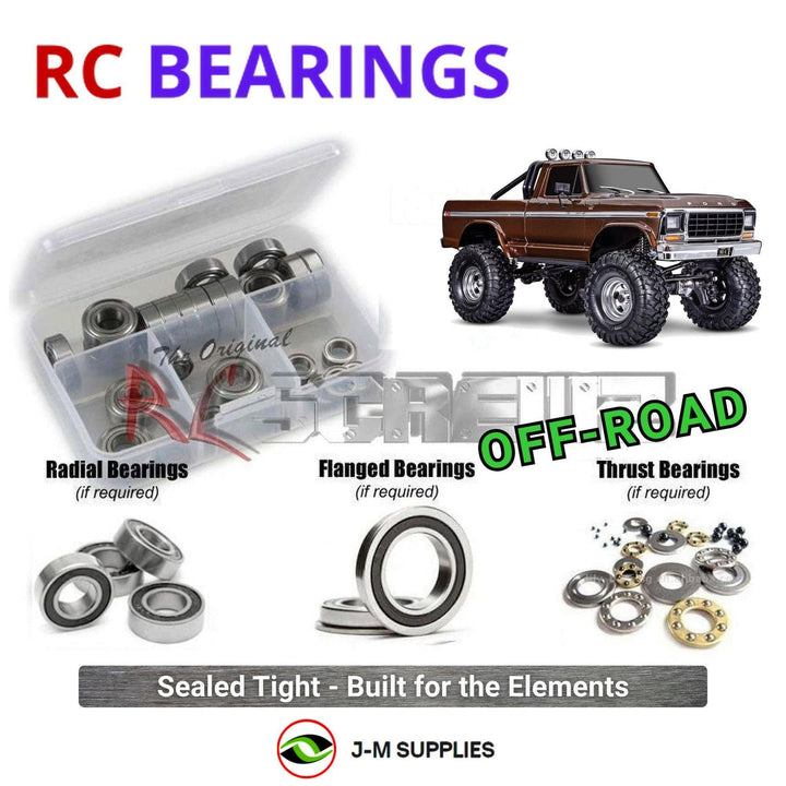 Representative image of an RCScrewZ rubber-sealed bearing kit for Traxxas TRX-4 F-150 High Trail 1/10 4WD Crawler (92046-4); exact bearing sizes and quantities vary by RC model.