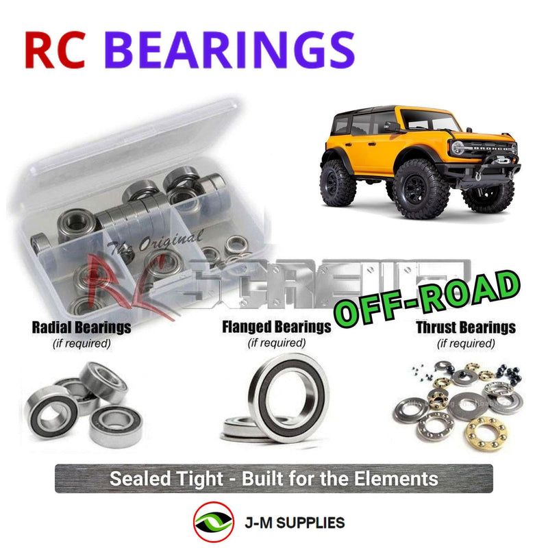 Representative image of an RCScrewZ rubber-sealed bearing kit for Traxxas TRX-4 2021 Ford Bronco 1/10 Electric 4WD (92076-4); exact bearing sizes and quantities vary by RC model.