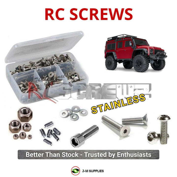 Representative image of an RCScrewZ stainless steel screw kit for Traxxas TRX-4 Land Rover Defender 1/10 4WD Crawler (82256-4); exact kit contents vary by RC model.