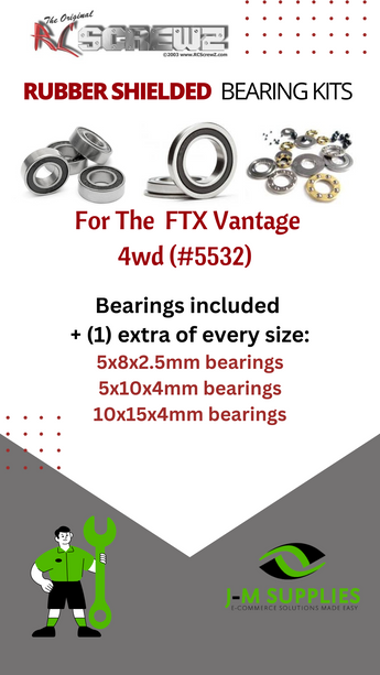 Representative image of an RCScrewZ rubber-sealed bearing kit for FTX Vantage 4WD #FTX5532; exact bearing sizes and quantities vary by RC model.