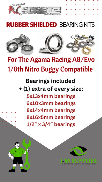 J-M SUPPLIES - RCScrewZ Rubber Shielded Bearings aga001r for Agama Racing A8/Evo 1/8 Nitro Bugy RC Car | SET - 