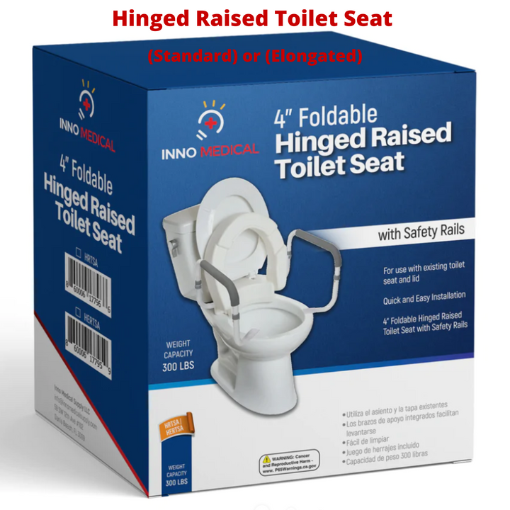 J-M SUPPLIES - InnoEdge Medical Hinged Raised Toilet Seat for Elongated Toilet - 3.5” Height, Safety Rails, 300 lb - INHERTSA