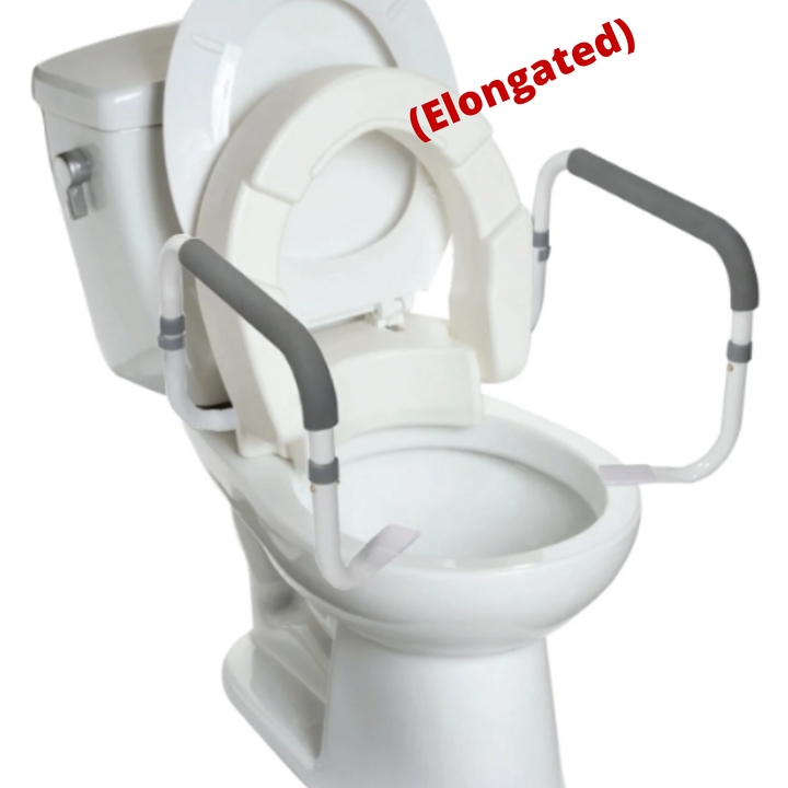 J-M SUPPLIES - InnoEdge Medical Hinged Raised Toilet Seat for Elongated Toilet - 3.5” Height, Safety Rails, 300 lb - INHERTSA