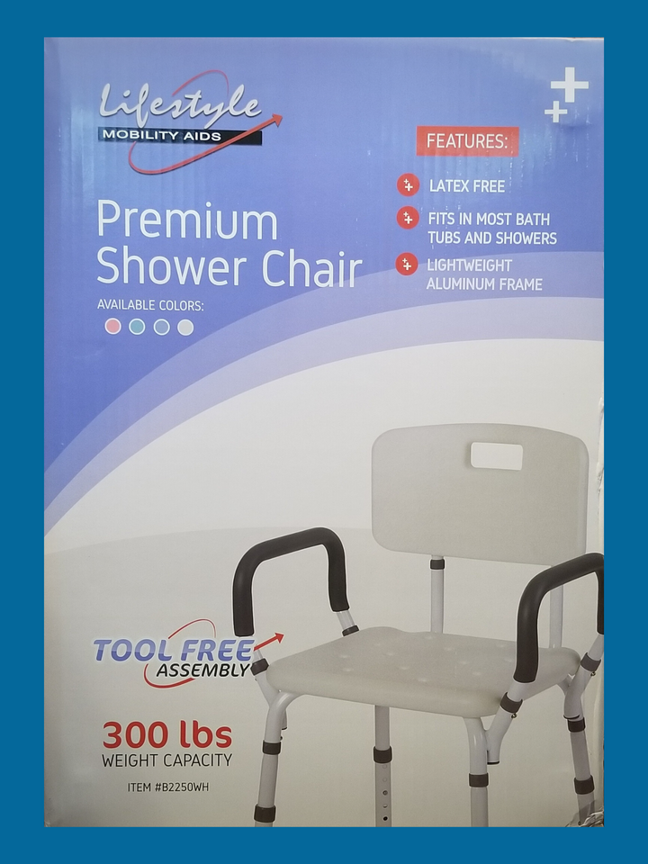 J-M SUPPLIES - Rhythm Healthcare Portable Bath Seat & Shower Chair, White, with Backrest, Padded Arms, Aluminum - B2250WH