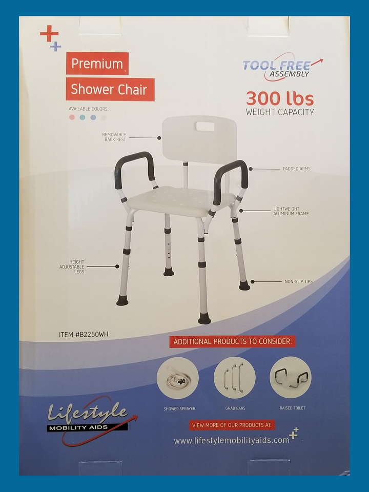 J-M SUPPLIES - Rhythm Healthcare Portable Bath Seat & Shower Chair, White, with Backrest, Padded Arms, Aluminum - B2250WH