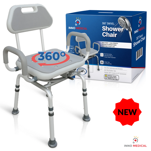 J-M SUPPLIES - InnoEdge Medical Swivel Shower Chair - 360° Rotating, Adjustable, Padded, Aluminum, Mobility 300 lbs - IN-SWVL21